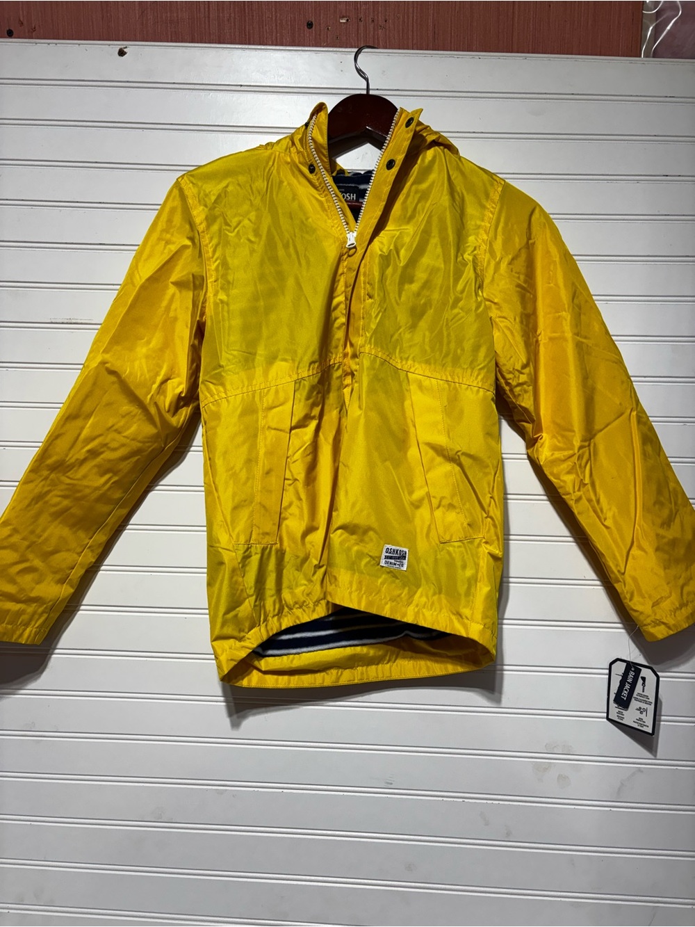 Oshkosh b’gosh yellow hooded rain coat size 14 fleece lined kids windbreaker - Picture 2 of 8
